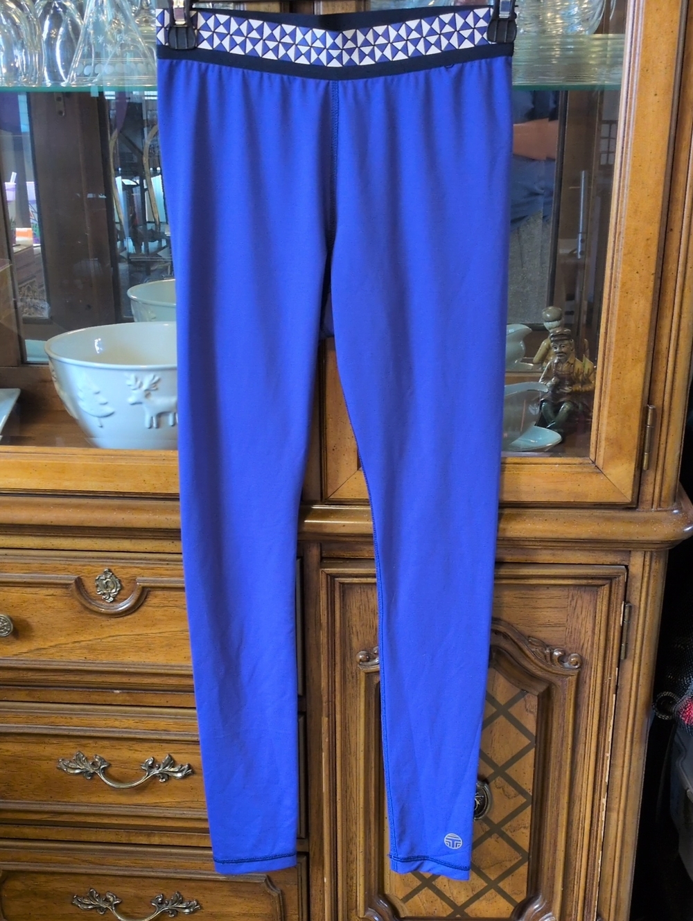 Tory Burch Royal Blue Leggings with White Geometric Waistband